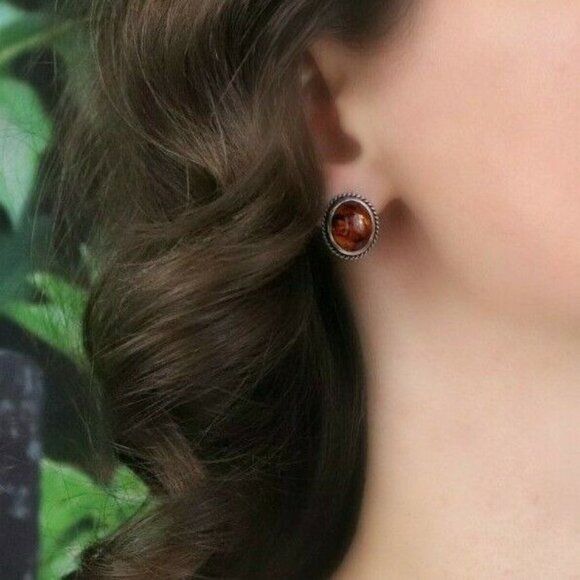 Sterling Silver Amber Stud Post Earrings - Picture 2 of 6